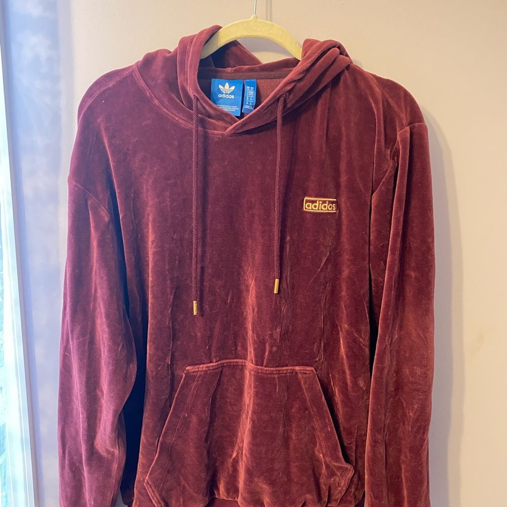 Adidas burgundy and gold velour hoodie
